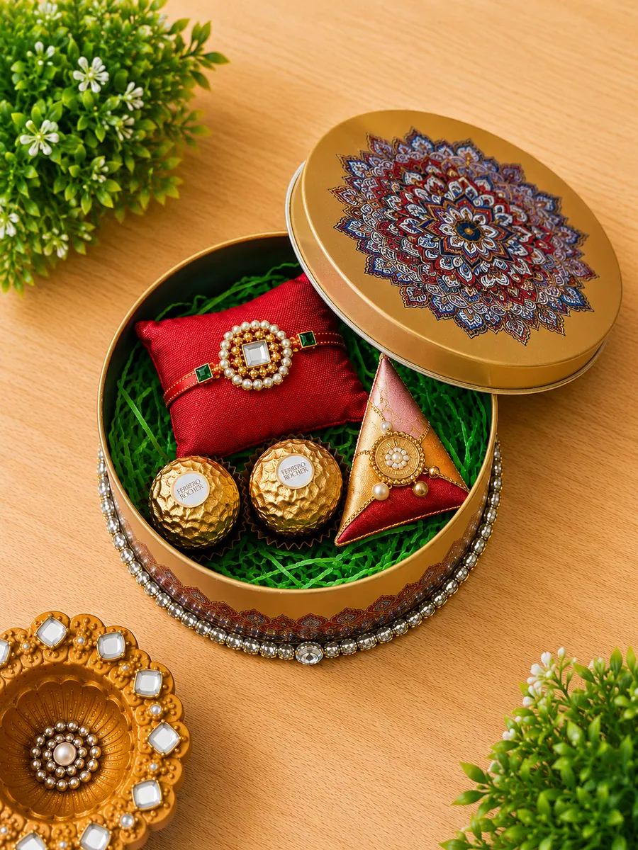 Golden Mandala Rakhi Tin — handmade Rakhi gift box