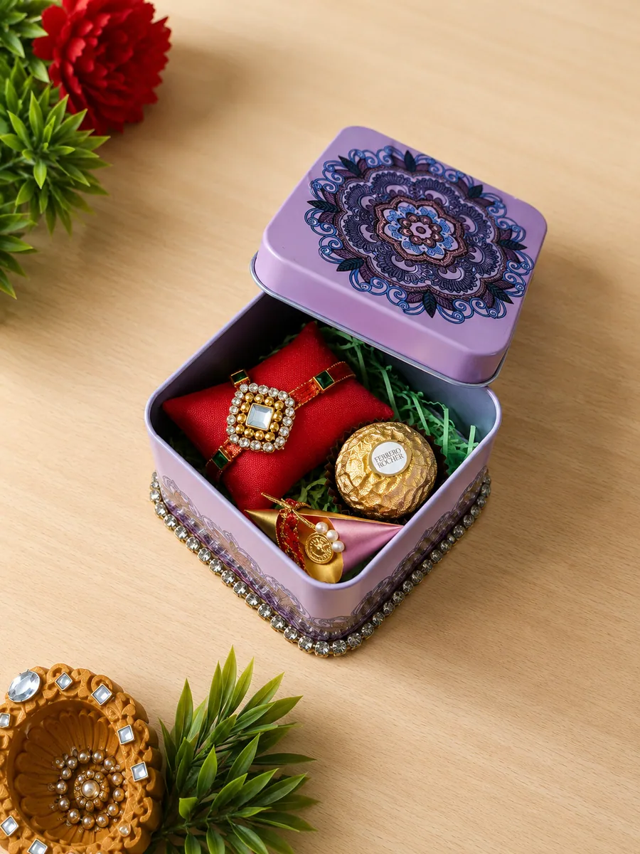 Lavender Mandala Rakhi Tin — handmade Rakhi gift box