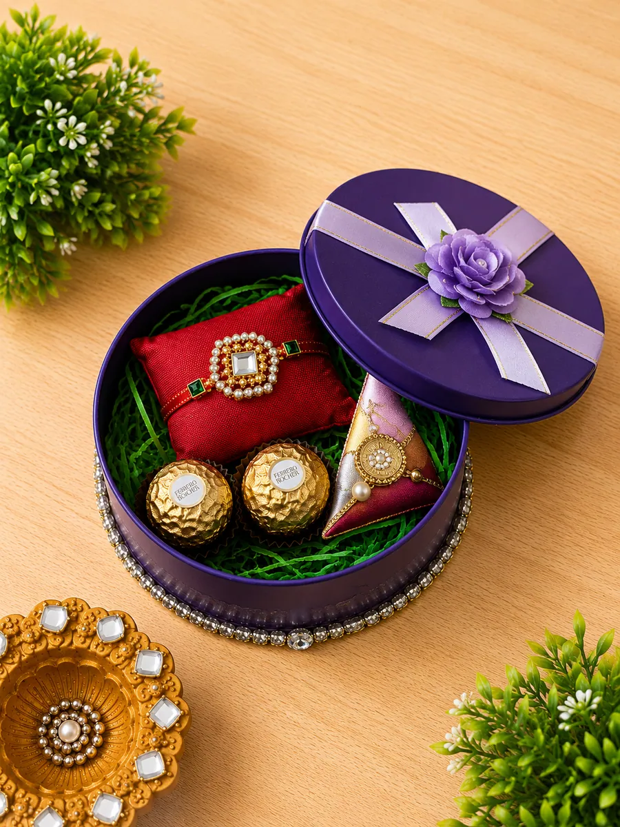 Purple Bloom Rakhi Tin — handmade Rakhi gift box