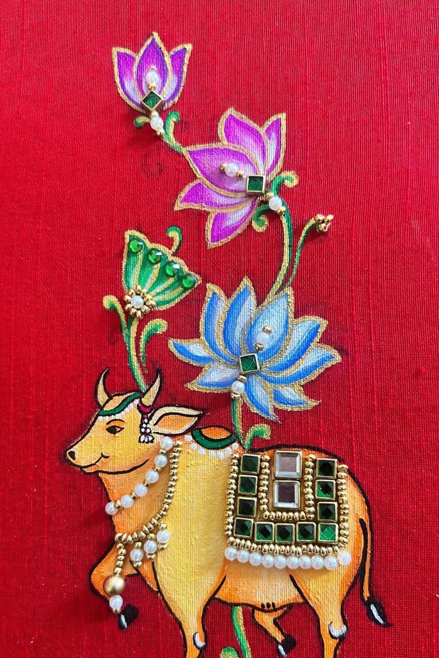Kamadhenu (Pichwai) — Sacred cow & lotus art